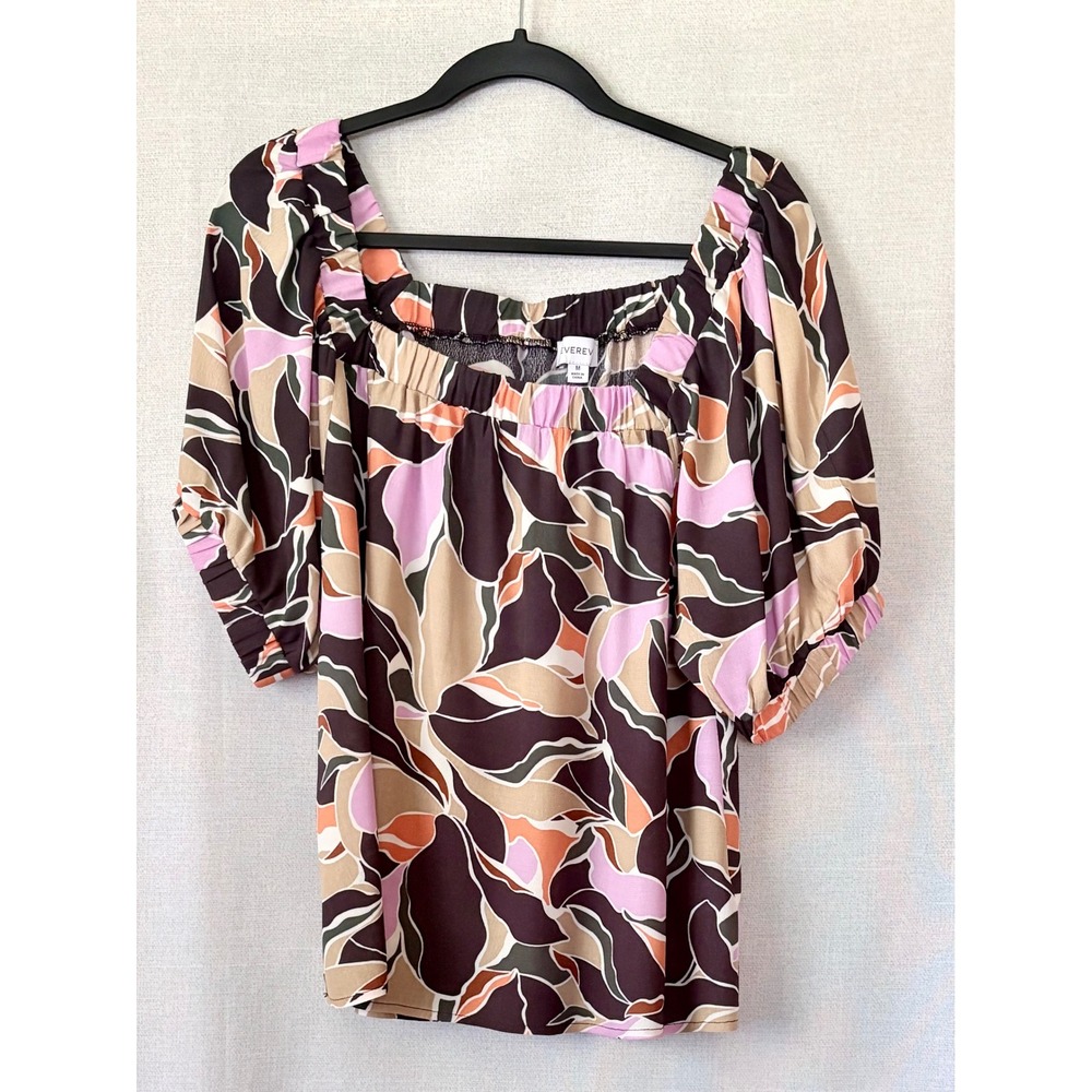 Evereve Womens Square Neck Puff Sleeve Abstract Blouse Brown Pink EW8162446E M